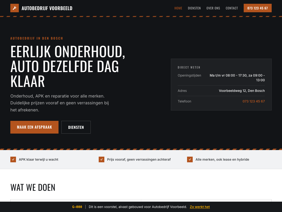 Voorbeeld van een garagewebsite uit de G-rij